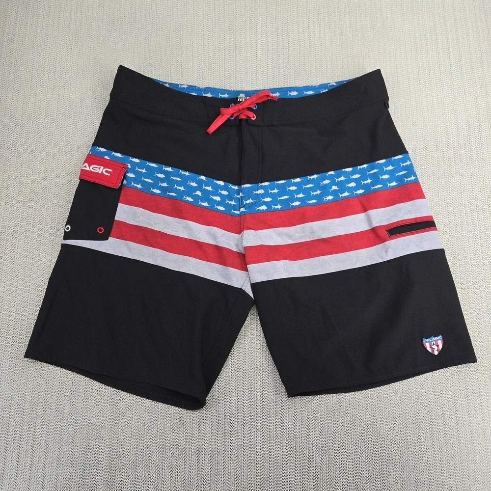 Pelagic Ridgemont Boardshorts Mens 40 Black USA Flag Shark Stripe Swim Shorts